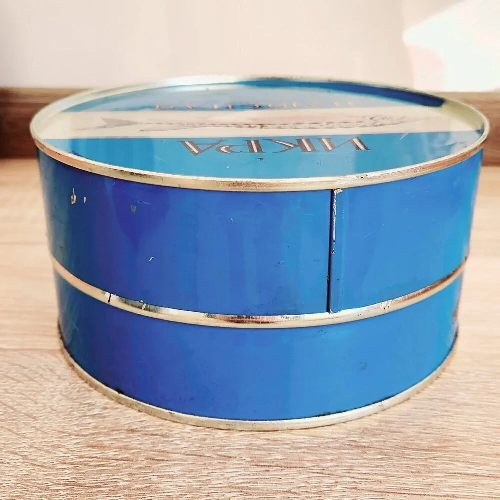 Vintage Soviet Union USSR Fish Caviar Ikra Blue Metal Storage Tin 6.25